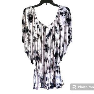 Neiman Marcus Fringe Black & White Tunic Top Off Shoulder Tie Dye XL NWT
